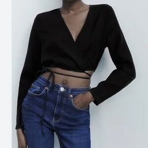 New Zara Black Wrap Crop Long Sleeve V Neck Top Size Medium